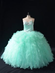 Tulle Sweetheart Sleeveless Lace Up Beading and Ruffles Quinceanera Dresses in Apple Green