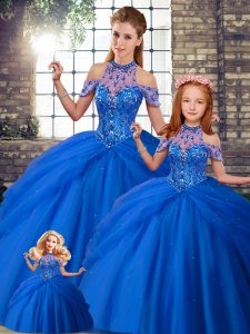 Best Blue Halter Top Lace Up Beading and Pick Ups Quinceanera Gowns Brush Train Sleeveless
