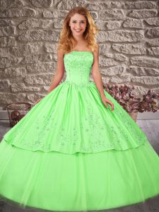 Graceful Satin and Tulle Lace Up Strapless Sleeveless Sweet 16 Dresses Brush Train Embroidery