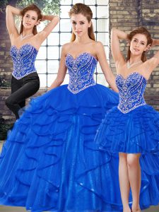 Comfortable Floor Length Lace Up Quince Ball Gowns Royal Blue for Military Ball and Sweet 16 and Quinceanera with Beadin