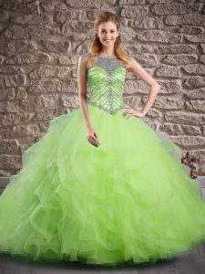 Yellow Green Scoop Neckline Beading and Ruffles Sweet 16 Quinceanera Dress Sleeveless Lace Up