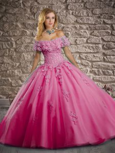 Ideal Rose Pink Short Sleeves Tulle Brush Train Lace Up Sweet 16 Dresses for Military Ball and Sweet 16 and Quinceanera