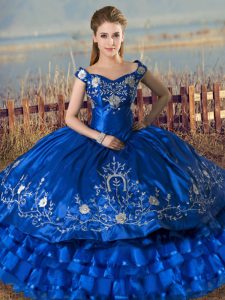 Floor Length Lace Up Quinceanera Dresses Royal Blue for Sweet 16 and Quinceanera with Embroidery and Ruffled Layers