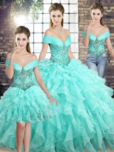 Lovely Aqua Blue Off The Shoulder Neckline Beading and Ruffles Quinceanera Gown Sleeveless Lace Up