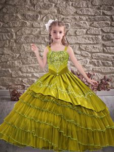 Exquisite Olive Green Organza Lace Up Straps Sleeveless Floor Length Child Pageant Dress Embroidery and Ruffled Layers