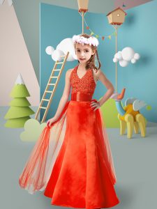 Elegant Orange Red Tulle Zipper Halter Top Sleeveless Floor Length Little Girls Pageant Gowns Beading