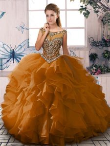 Floor Length Lace Up Sweet 16 Dress Brown for Sweet 16 and Quinceanera with Beading and Ruffles