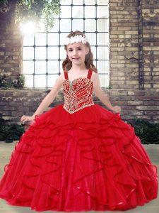 Floor Length Lace Up Winning Pageant Gowns Red for Party and Wedding Party with Beading and Ruffles