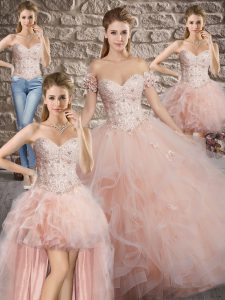 Tulle Sweetheart Sleeveless Brush Train Lace Up Lace and Ruffles Quinceanera Gowns in Pink