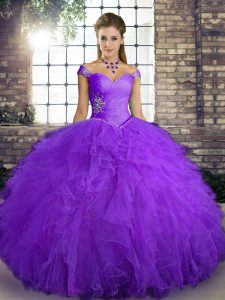 Modest Ball Gowns Quinceanera Dresses Purple Off The Shoulder Tulle Sleeveless Floor Length Lace Up