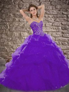 Adorable Tulle Sleeveless 15th Birthday Dress Brush Train and Beading and Pick Ups