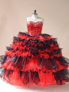 Beading and Ruffled Layers Sweet 16 Dress Red And Black Lace Up Sleeveless Floor Length