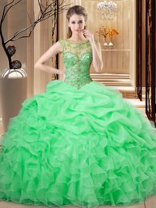 Sleeveless Organza Floor Length Lace Up 15 Quinceanera Dress in with Beading and Ruffles and Pick Ups