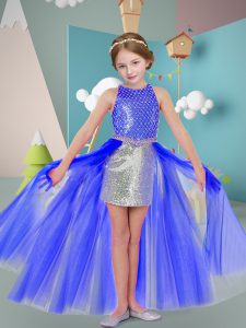 Fashion High Low Lavender Little Girls Pageant Gowns Tulle Sleeveless Beading and Sequins