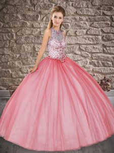 Artistic Watermelon Red Lace Up Scoop Beading Quince Ball Gowns Tulle Sleeveless