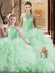 Excellent Apple Green Sleeveless Beading and Ruffles Lace Up Quinceanera Gowns