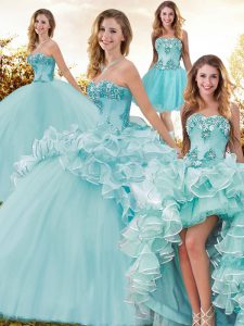 Fantastic Aqua Blue Sweetheart Lace Up Beading and Ruffles Ball Gown Prom Dress Brush Train Sleeveless