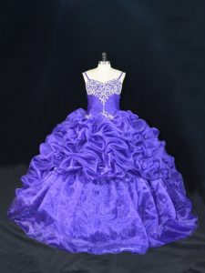 Captivating Purple Organza Lace Up Sweet 16 Dresses Sleeveless Brush Train Beading and Pick Ups