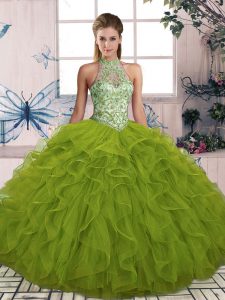 Fantastic Ball Gowns Ball Gown Prom Dress Olive Green Halter Top Tulle Sleeveless Floor Length Lace Up