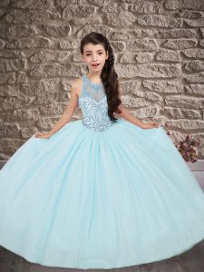 Lace Up Girls Pageant Dresses Light Blue for Wedding Party with Beading Sweep Train