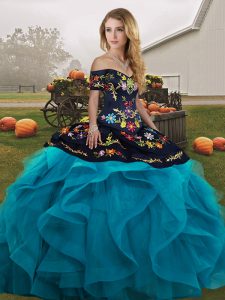 Gorgeous Sleeveless Tulle Floor Length Lace Up Sweet 16 Dress in Teal with Embroidery and Ruffles