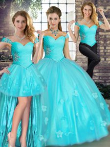 Artistic Floor Length Three Pieces Sleeveless Aqua Blue Quince Ball Gowns Lace Up