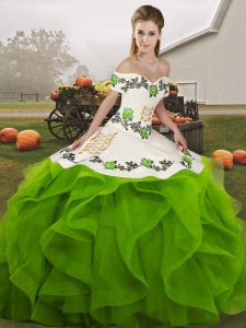 Deluxe Off The Shoulder Sleeveless Quinceanera Gowns Floor Length Embroidery and Ruffles Green Tulle