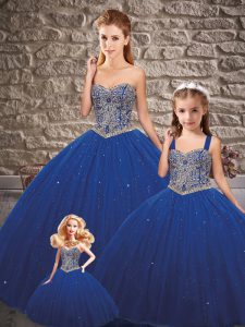 Royal Blue Ball Gowns Beading 15th Birthday Dress Lace Up Tulle Sleeveless Floor Length