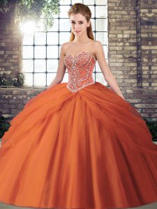 Orange Red Sleeveless Tulle Brush Train Lace Up Sweet 16 Quinceanera Dress for Military Ball and Sweet 16 and Quinceaner