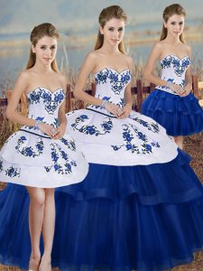 Sweetheart Sleeveless 15th Birthday Dress Floor Length Embroidery and Bowknot Royal Blue Tulle
