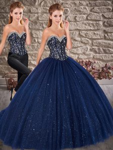 Navy Blue Two Pieces Tulle Sweetheart Sleeveless Beading Lace Up Quinceanera Gown Brush Train