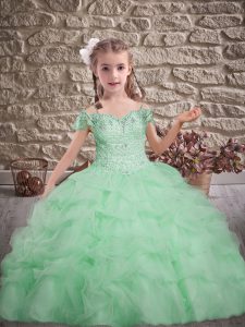 Apple Green Off The Shoulder Lace Up Beading and Lace and Pick Ups Girls Pageant Dresses Brush Train Sleeveless