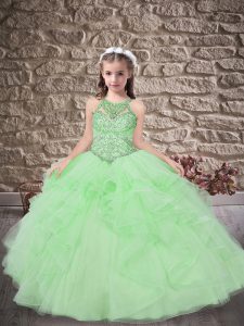 Ball Gowns Tulle Halter Top Sleeveless Beading and Ruffles Lace Up Girls Pageant Dresses Sweep Train