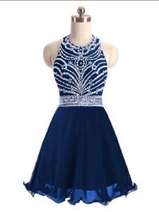 Navy Blue A-line Halter Top Sleeveless Chiffon Mini Length Lace Up Beading Celebrity Evening Dresses