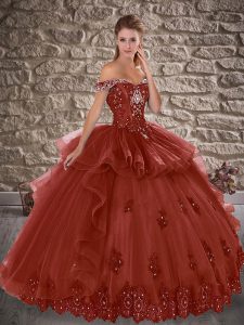 Burgundy Lace Up Off The Shoulder Beading and Lace Quinceanera Dress Tulle Sleeveless