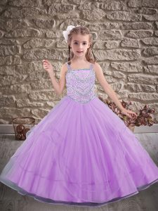 Lace Up Kids Pageant Dress Lavender for Wedding Party with Beading Brush Train