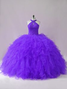 Purple Lace Up 15 Quinceanera Dress Beading and Ruffles Sleeveless Floor Length