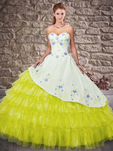Yellow Green Ball Gowns Embroidery and Ruffled Layers Quince Ball Gowns Lace Up Satin and Organza Sleeveless Floor Lengt