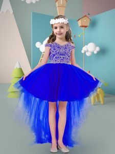 Off The Shoulder Sleeveless Child Pageant Dress High Low Beading Royal Blue Tulle