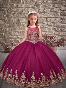 Sleeveless Lace Up Floor Length Appliques Kids Pageant Dress