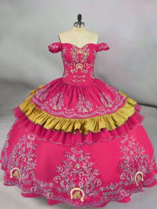 Hot Pink Sleeveless Satin Lace Up Quinceanera Dress for Sweet 16 and Quinceanera