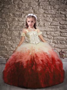 Latest Multi-color Ball Gowns Tulle Straps Sleeveless Beading and Ruffles Lace Up Little Girls Pageant Dress Wholesale S