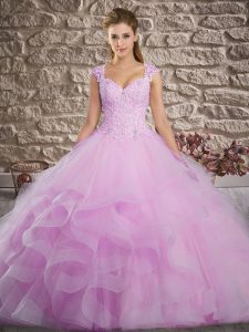 Lace Up Quinceanera Gowns Lilac for Military Ball and Sweet 16 and Quinceanera with Lace and Ruffles Brush Train