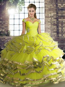 Discount Off The Shoulder Sleeveless 15th Birthday Dress Floor Length Beading and Ruffled Layers Yellow Green Tulle