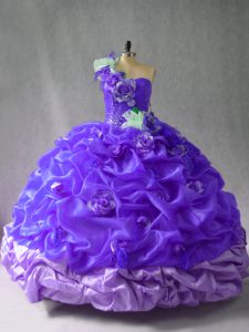 Super Purple Lace Up One Shoulder Pick Ups and Hand Made Flower Quinceanera Dresses Organza Sleeveless