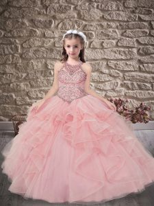 On Sale Pink Ball Gowns Beading and Ruffles Girls Pageant Dresses Lace Up Tulle Sleeveless