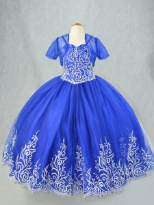 Pretty Royal Blue Ball Gowns Tulle Spaghetti Straps Sleeveless Beading and Embroidery Floor Length Lace Up Little Girls 