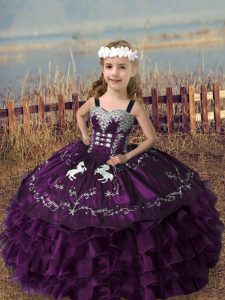 Organza Straps Sleeveless Lace Up Embroidery and Ruffled Layers Pageant Dress in Dark Purple