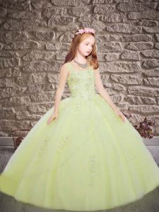 Perfect Tulle Straps Sleeveless Brush Train Lace Up Appliques Little Girl Pageant Dress in Yellow Green
