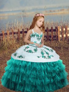 Straps Sleeveless Organza Child Pageant Dress Embroidery and Ruffled Layers Lace Up